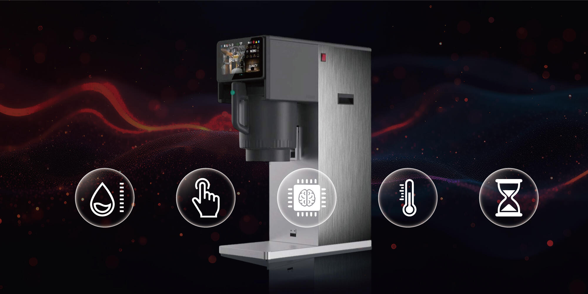 Năm chức năng chính của máy pha trà thương mại thông minh: điều khiển nước theo từng đoạn, lưu trữ thông minh, màn hình cảm ứng, điều khiển nhiệt độ chính xác và điều chỉnh từng phút.